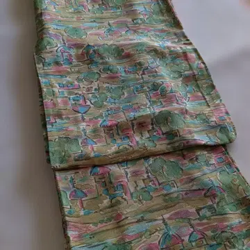 새상품급! 팝하고 컬러풀한 풍경 무늬 코몬 기모노 그린 핑크