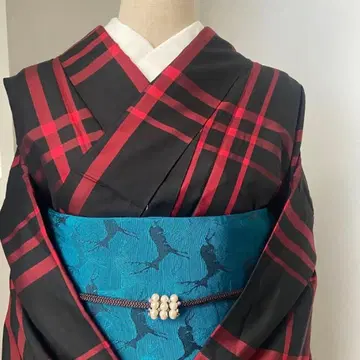 기모노 코몬 체크 톨 사이즈 블랙 레드 KIMONO tall size