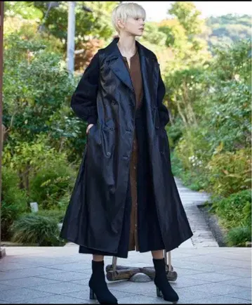 KOH.style 니트 롱 코트 가죽 베스트 세트 블랙