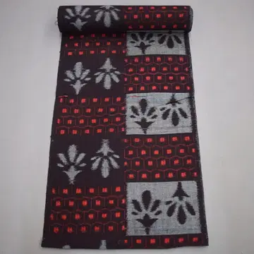 M01-13 새상품 보관품 구루메 카스리 면 명주 옷감 블랙 육각형 꽃