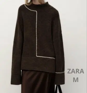 ZARA 대비 트리밍 니트 하이넥 스웨터 브라운