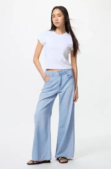 유니클로 드레이프 와이드 플레어 청바지 476346 블루 24