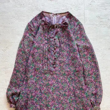 쇼와 레트로 미니 꽃무늬 원피스 | 고급 퍼플 클래시컬 리본 포함 플레어