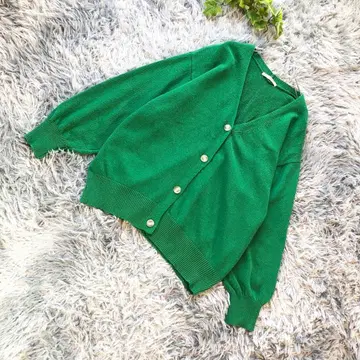 KHALITA [ L ] 돌려입기 그린 V넥 가디건 벌룬 슬리브