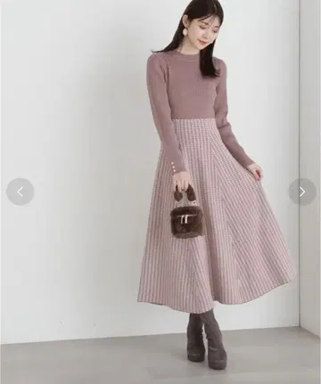 PROPORTION 리브 케이블 하운드투스 체크 도킹 니트 원피스