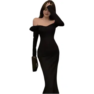 오프숄더 블랙 드레스 타이트 핏 머메이드