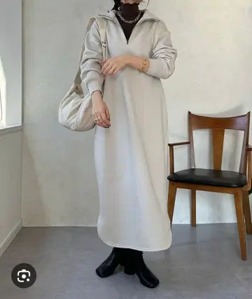 두두 DouDou 속기모 원피스 하프 지퍼 베이지 롱