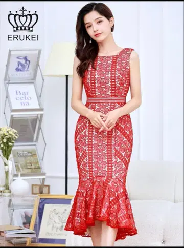 ERUKE 빨간색 슬리브리스 플레어 원피스