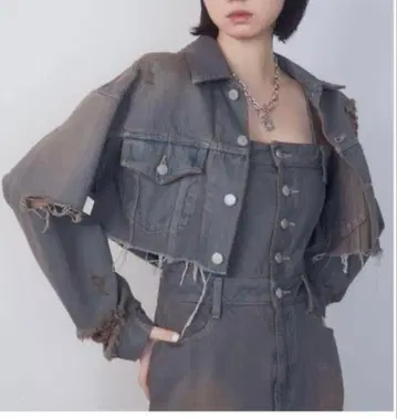 EMODA W 슬릿 컷오프 데님 자켓 그레이