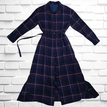네이비 계열 체크 롱 원피스 가디건