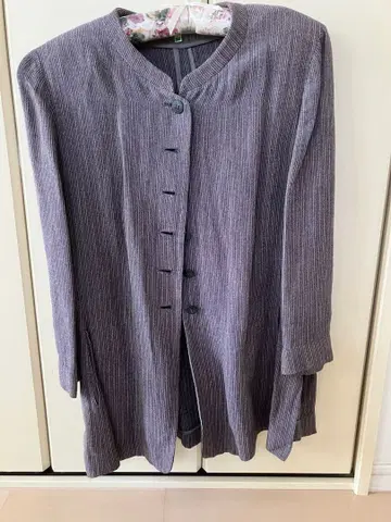 트위드풍 스트라이프 노카라 자켓 면 린넨