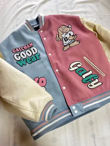 GALFY 바시티 자켓 파랑/핑크 캐릭터 자수 중형견 L