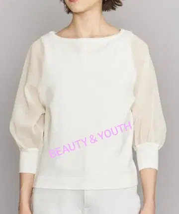 코튼 오간자 보트넥 6분 소매 니트 풀오버