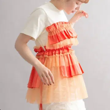 [ 새상품급 ] KBF 프릴 디자인 반팔 T셔츠 오렌지 계열