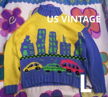 US VINTAGE 90s Y.C.C. 자동차 패턴 컬러풀 니트 스웨터