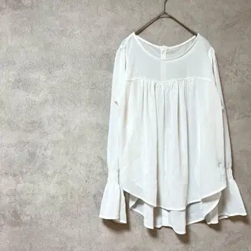 KBF+ 블라우스 긴팔 화이트 시어 시스루 봄/여름/가을 프릴 개더