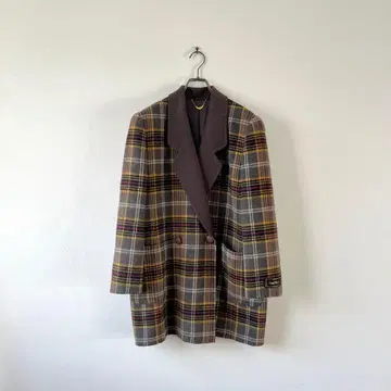 빈티지 핸드메이드 코트 울 체크 더블 어깨 패드 새상품급 레트로