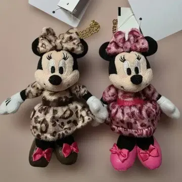 디즈니 미니 레오파드 무늬 봉제 인형 키체인 핑크 브라운