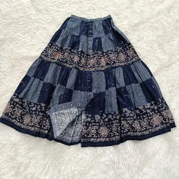 핑크하우스 패치워크 캉캉 스커트 플레어 각인 버튼