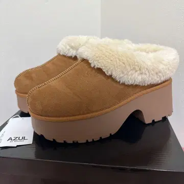 AZUL BY MOUSSY 통굽 무스탕 힐 디자인 슬립온 카멜