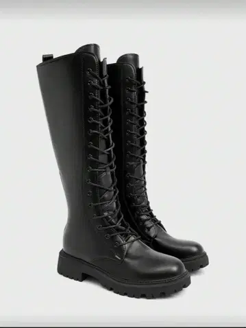 레이스업 통굽 롱 부츠 블랙