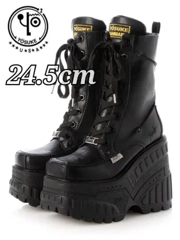 [스퀘어토] 24.5cm 초통굽 웨지솔 레이스업 부츠 블랙