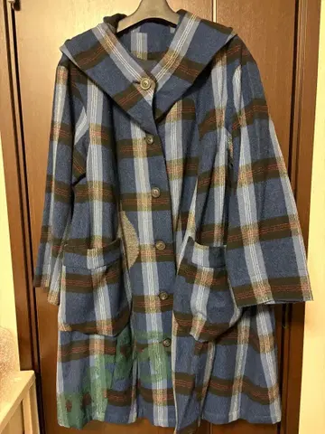 자우 파랑 그레이 체크 롱 코트