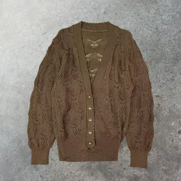 일본제 브라운 니트 가디건 플라워풍 뜨개질 빈티지풍