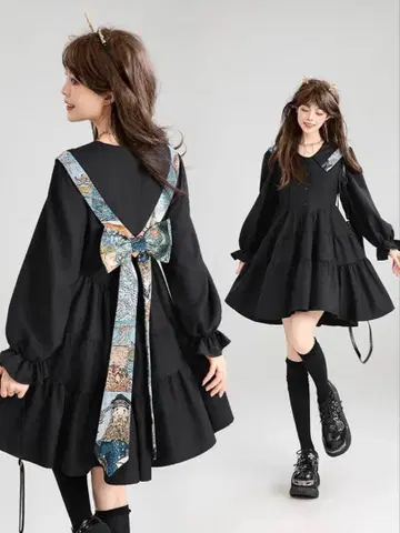 뒷면 회화 리본 블랙 A라인 원피스