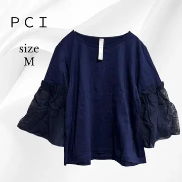 PCI 플레어 소매 5분 소매 상의 쉬폰 네이비 비침 M