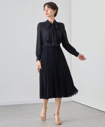 ANAYI 시어 도비 보타이 플리츠 원피스