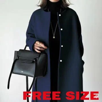 심플 미들 기장 라운드넥 벨트리스 한국 스타일 코트 다크 블루