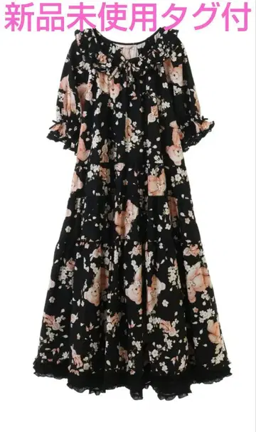 핑크하우스 벚꽃 teddy 프린트 미디 원피스 블랙