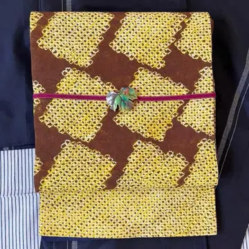 시보리 통 패턴 오비 창작 오비 노랑 x 브라운 계열 긴 길이 와이드 폭