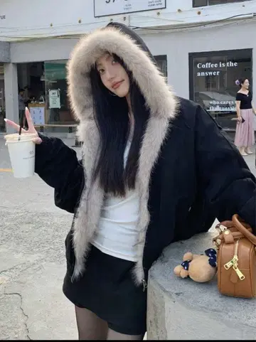 SHEIN 퍼 후드 크롭 자켓 블루종