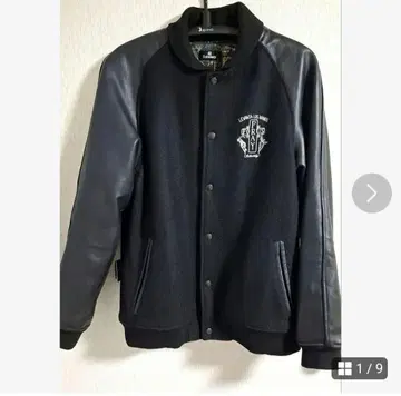 Subciety 암 가죽 총 자수 바시티 자켓 블랙 블랙