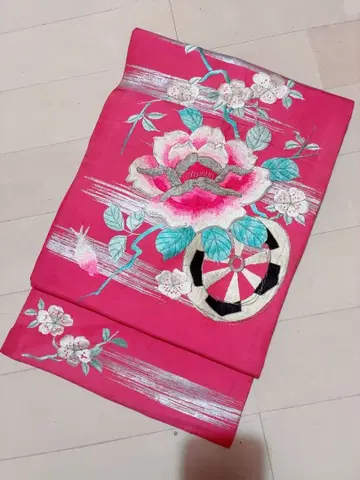 나고야 오비 장미 벚꽃 자수 핑크 앤티크 금실 자수