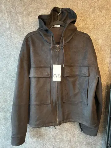 ZARA 블랙 인조 가죽 스웨이드 후드 부착 후드티 L