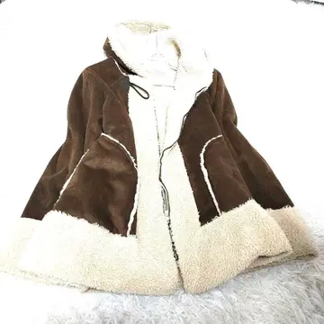 페이크 무스탕 코트 후드 부착 집업 브라운 LL