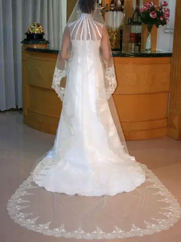 샴페인 골드 레이스 롱 웨딩 베일