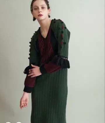 BANSAN 프린지 니트 드레스 원피스 울 100% 카키