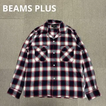빔즈 플러스 옴브레 체크 오픈 카라 셔츠 긴팔 M 일본제