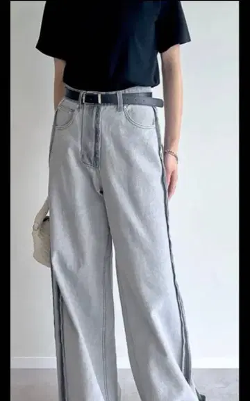 사이드 스트라이프 와이드 레그 데님 팬츠