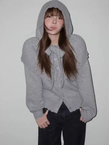 리본 후드 가디건 그레이 ranymoon