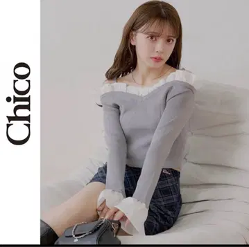 Chico 프릴 도킹 플레어 슬리브 니트 그레이