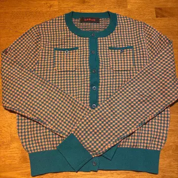 CABaN 코튼 캐시미어 가디건 그린 x 오렌지 깅엄 체크
