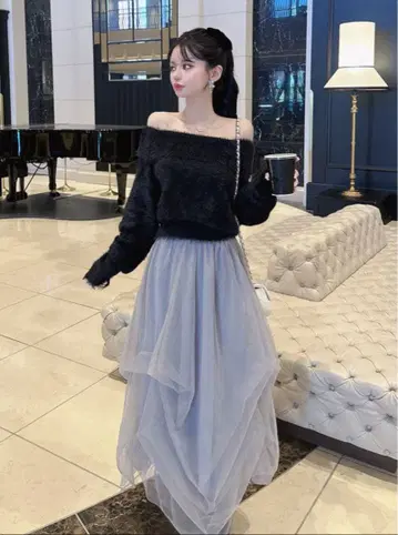 GRL 오프숄더 샤기 니트탑 x 튤 스커트 셋업 ru1201