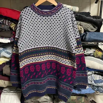 미국 빈티지 의류 기하학 패턴 꽃무늬 아크릴 니트 스웨터 L