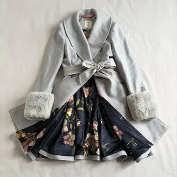 [테드베이커] 코트 울 캐시미어 블루 그레이 벨트 3 플레어