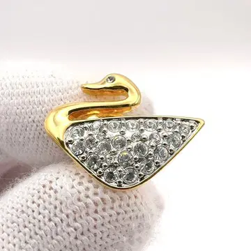 스와로브스키 핀 브로치 스완 파베 클리어 크리스탈 골드 톤